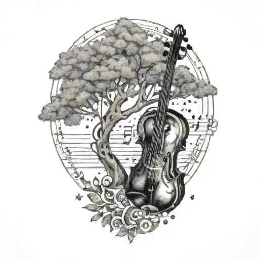 music notes shaped as an aeroplane flowing from a violin with African thorn tree tattoo design idea
