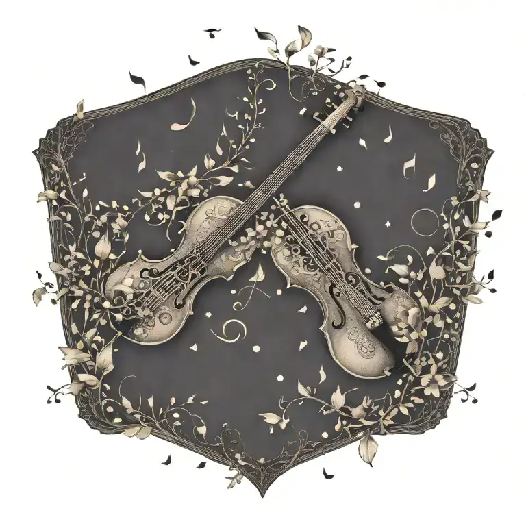 music notes shaped as an aeroplane flowing from a violin with African thorn tree tattoo design idea