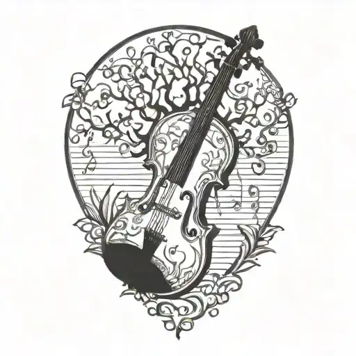 aeroplane music notes flowing from a violin with African thorn tree tattoo design idea