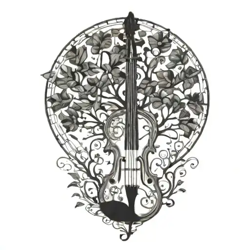 aeroplane music notes flowing from a violin with African thorn tree tattoo design idea