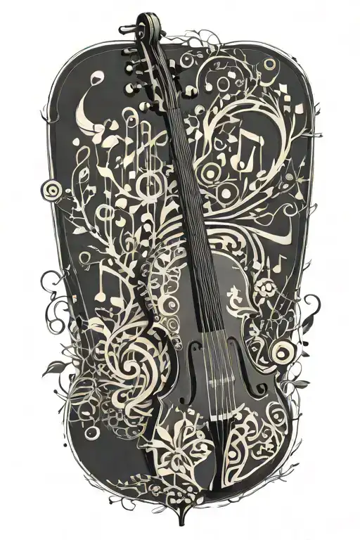 music notes shaped as an aeroplane flowing from a violin with African thorn tree tattoo design idea