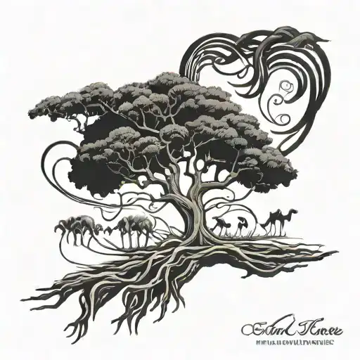 camel thorn tree with roots shaped like music notes  tattoo design idea