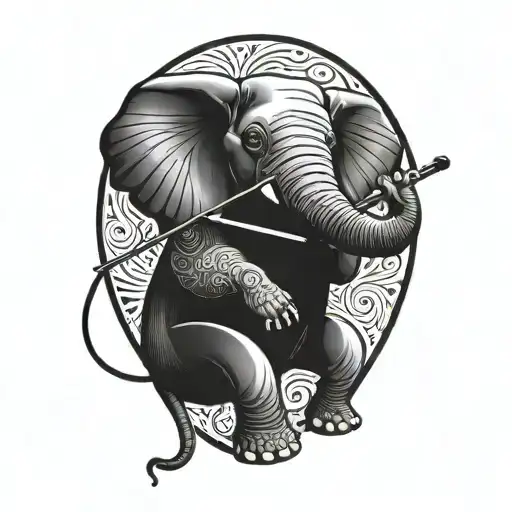cartoon African elephant playing violin bow transforming tattoo design idea