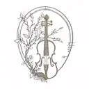 aeroplane music notes flowing from a violin with African thorn tree tattoo design idea