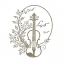 aeroplane music notes flowing from a violin with African thorn tree tattoo design idea