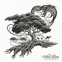 camel thorn tree with roots shaped like music notes  tattoo design idea
