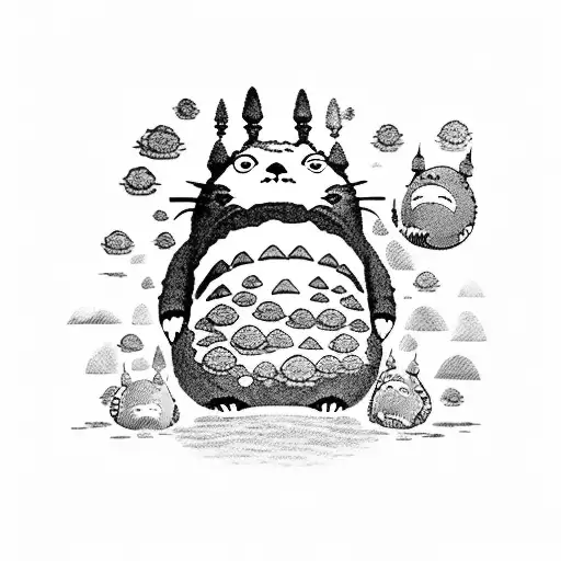 A dotwork design of Totoro surrounded by various anime symbols tattoo design idea