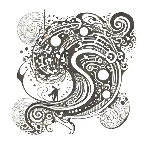 An abstract wave design incorporating musical notes and symbols, representing your love for surfing and techno music tattoo design idea