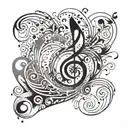 An abstract wave design incorporating musical notes and symbols, representing your love for surfing and techno music tattoo design idea