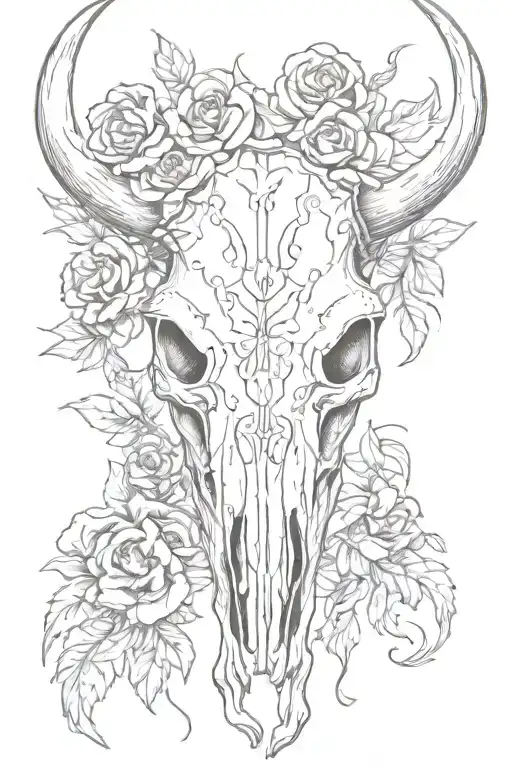 bull skull western style with flowers tattoo design idea