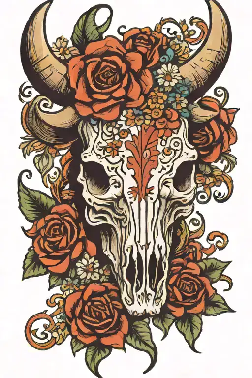 bull skull western style with flowers tattoo design idea