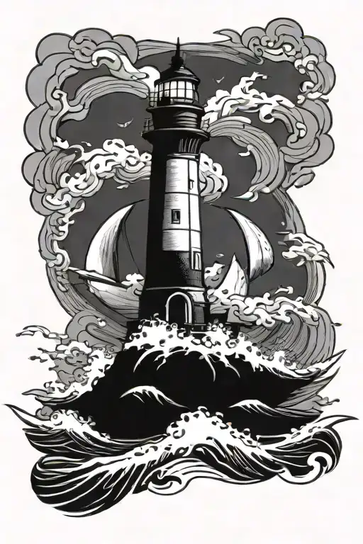 lighthouse in the middle of a sea storm tattoo design idea