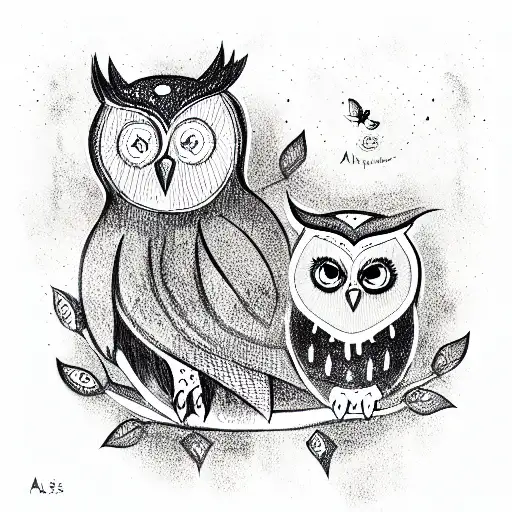 Owl and children name - ALISE tattoo design idea