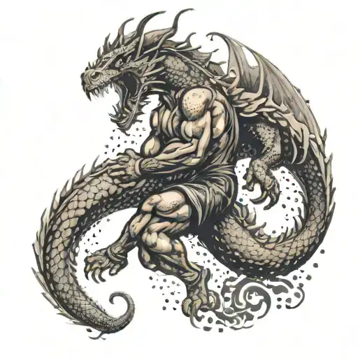 A wrestler battling a dragon in a fiery arena tattoo design idea