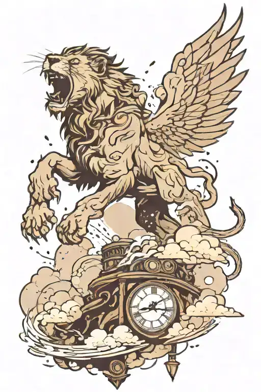 a terrifying-looking roaring lion on top of clouds, with fragments of broken clocks and lightning behind it! I want the  tattoo design idea