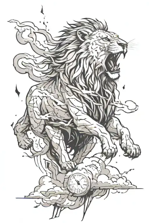 a terrifying-looking roaring lion on top of clouds, with fragments of broken clocks and lightning behind it! I want the tattoo design idea