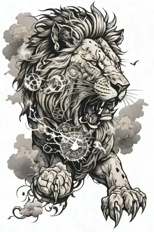 a terrifying-looking roaring lion on top of clouds, with fragments of broken clocks and lightning behind it! realism tattoo design idea