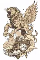 a terrifying-looking roaring lion on top of clouds, with fragments of broken clocks and lightning behind it! I want the  tattoo design idea