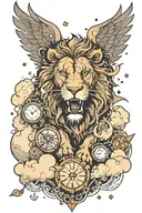 a terrifying-looking roaring lion on top of clouds, with fragments of broken clocks and lightning behind it! I want the  tattoo design idea