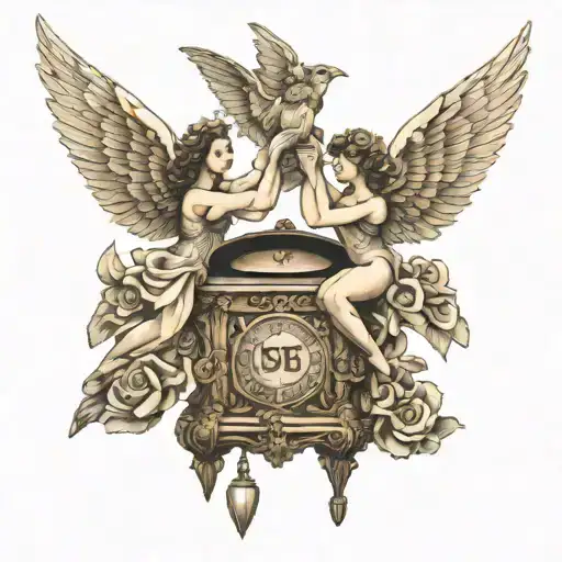 music box with two dancing girls with wings that say yes to heaven with enegery and angel numers tattoo design idea