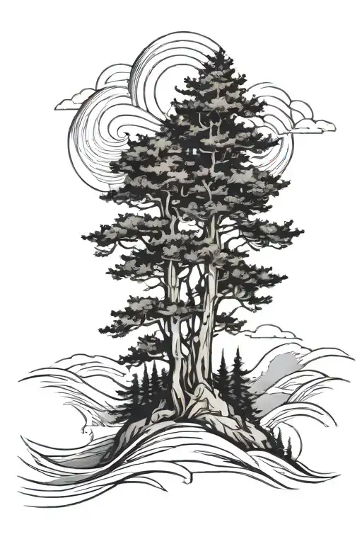 mountain pine tree wave fine line concept abstract tattoo tattoo design idea