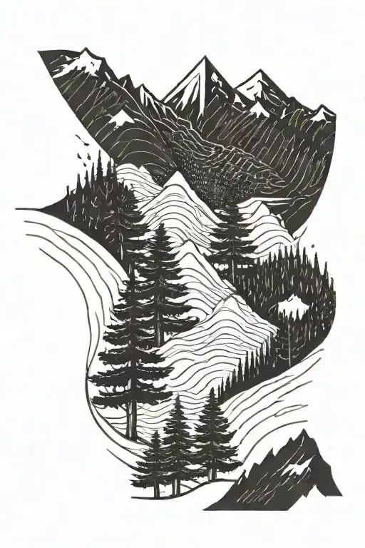 mountain pine tree wave fine line tattoo design idea