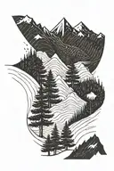 mountain pine tree wave fine line tattoo design idea