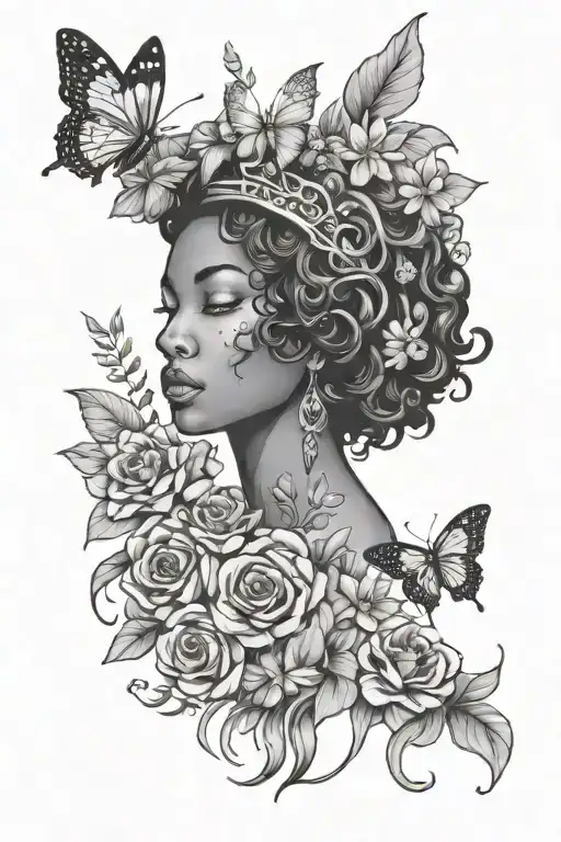 Virgo black woman Mother Nature with flowers and butterflies  tattoo design idea