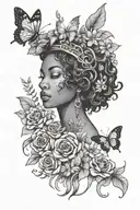 Virgo black woman Mother Nature with flowers and butterflies  tattoo design idea
