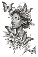Virgo black woman Mother Nature with flowers and butterflies  tattoo design idea
