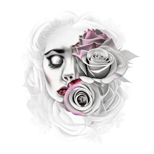 broken crying woman with dying roses around her tattoo design idea