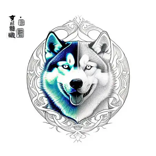Draw two huskies one orange and one gray with white, side by side tattoo design idea