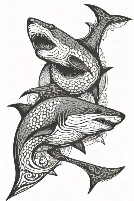 An intricate design featuring a shark and a stingray swimming together in a dynamic pose tattoo design idea