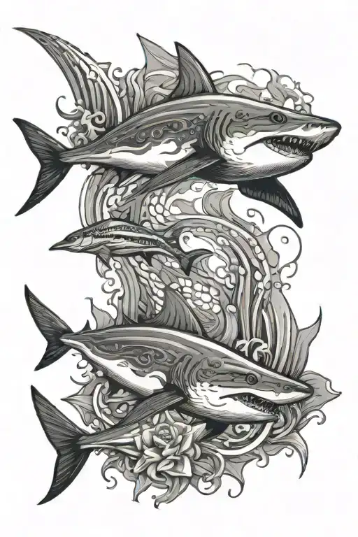 An intricate design featuring a shark and a stingray swimming together in a dynamic pose tattoo design idea