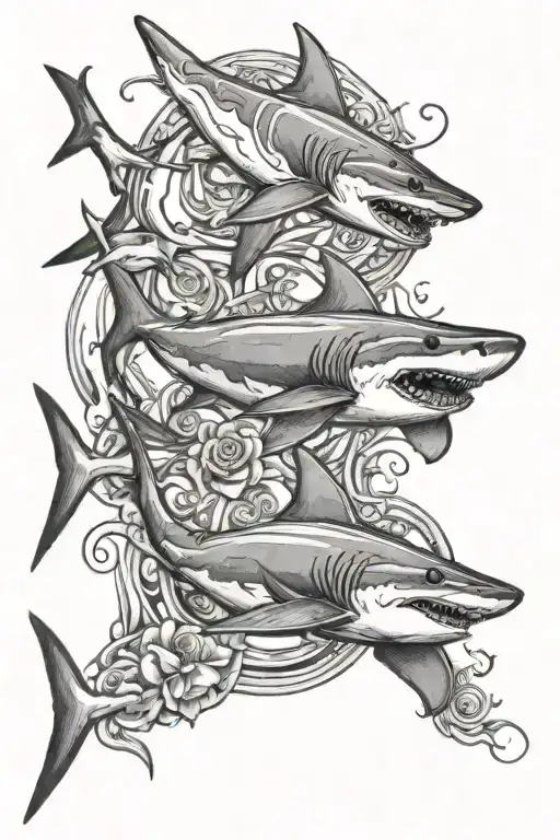 An intricate design featuring a shark and a stingray swimming together in a dynamic pose tattoo design idea