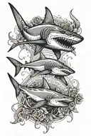 An intricate design featuring a shark and a stingray swimming together in a dynamic pose tattoo design idea