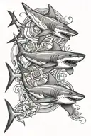 An intricate design featuring a shark and a stingray swimming together in a dynamic pose tattoo design idea