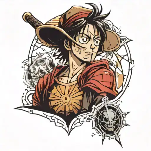 Create a portrait-style tattoo featuring small renditions of Luffy, Harry Potter, Spiderman, and Messi arranged in a dyn tattoo design idea