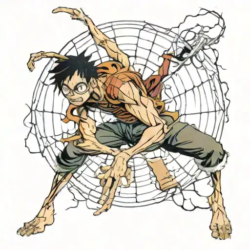 Incorporate Luffy in Gear 5 form, Harry Potter's glasses and lightning scar, and Spiderman's iconic web-slinging pose in tattoo design idea