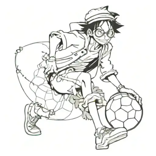 create a tattoo featuring Luffy wearing Harry's glasses and holding Spiderman's web shooters while kicking a soccer bal tattoo design idea