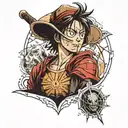 Create a portrait-style tattoo featuring small renditions of Luffy, Harry Potter, Spiderman, and Messi arranged in a dyn tattoo design idea