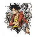 Create a portrait-style tattoo featuring small renditions of Luffy, Harry Potter, Spiderman, and Messi arranged in a dyn tattoo design idea