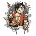 Create a portrait-style tattoo featuring small renditions of Luffy, Harry Potter, Spiderman, and Messi arranged in a dyn tattoo design idea