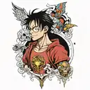 Create a portrait-style tattoo featuring small renditions of Luffy, Harry Potter, Spiderman, and Messi arranged in a dyn tattoo design idea