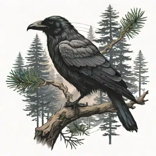 "In a dark forest, a raven sits on a branch, surrounded by tall fir trees. In the background, space is visible, with our tattoo design idea