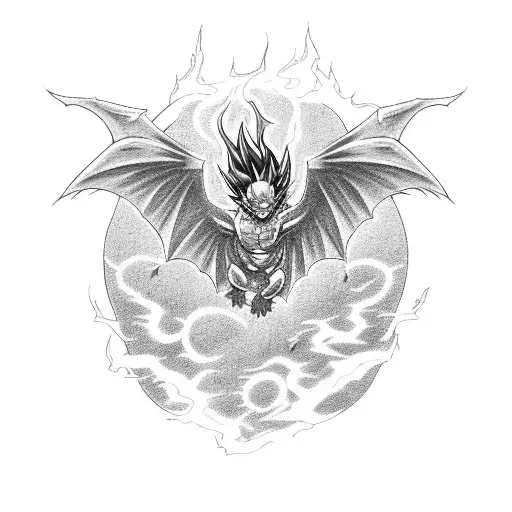 A phoenix rising from ashes with dragon ball Z symbols incorporated tattoo design idea