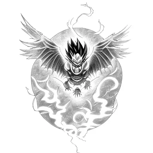 A phoenix rising from ashes with dragon ball Z symbols incorporated tattoo design idea