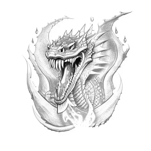 3d dragon tattoos sketch, with blue fire the dripping out of mouth tattoo design idea