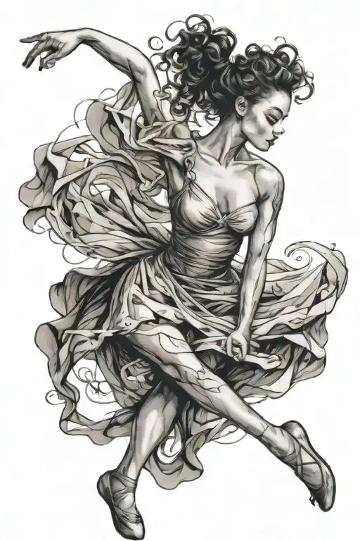 ballerina dancing gracefully with messy bun and curly hair tattoo design idea