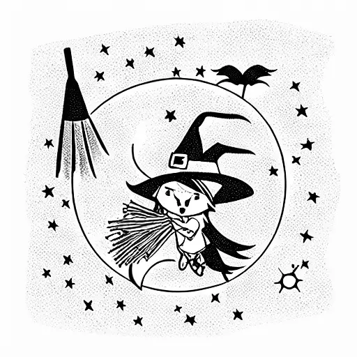 witch whith broom fox on moon  tattoo design idea